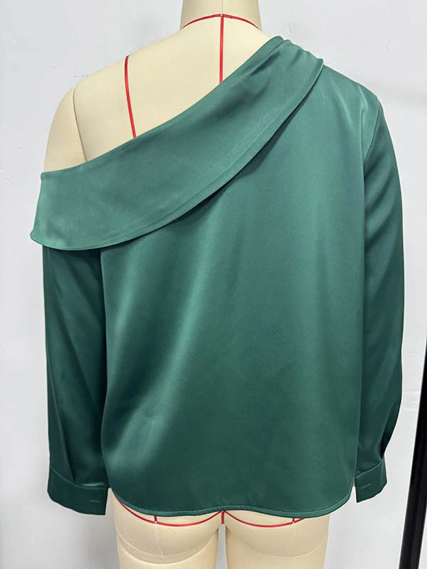 Long Sleeves Skinny Pleated Solid Color Split-Joint One-Shoulder Blouses&Shirts Tops - Image 29