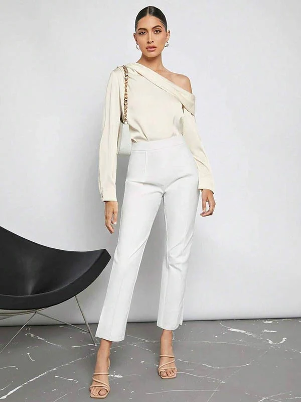 Long Sleeves Skinny Pleated Solid Color Split-Joint One-Shoulder Blouses&Shirts Tops - Image 3