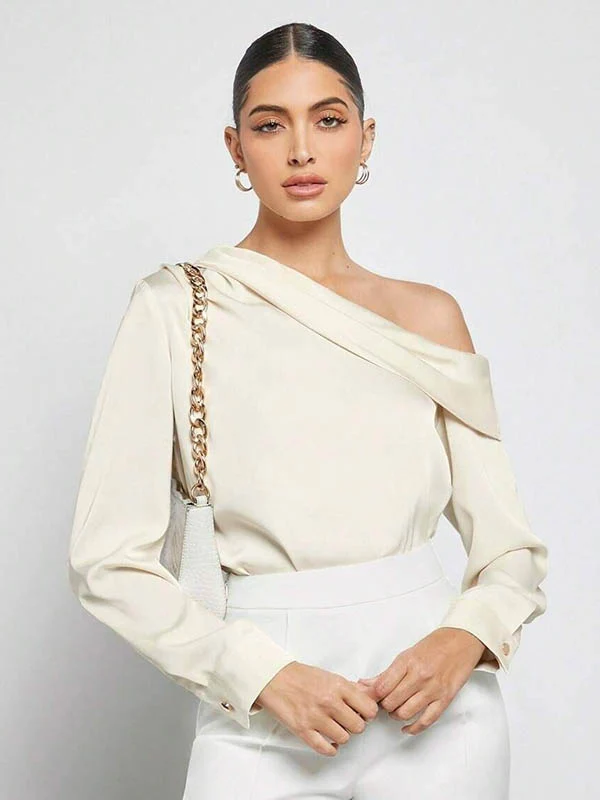 Long Sleeves Skinny Pleated Solid Color Split-Joint One-Shoulder Blouses&Shirts Tops - Image 4