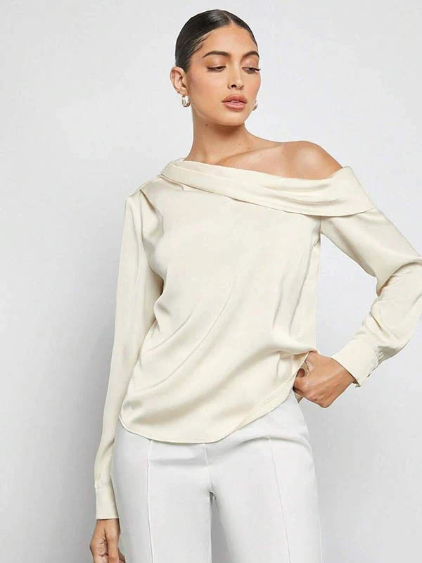 Long Sleeves Skinny Pleated Solid Color Split-Joint One-Shoulder Blouses&Shirts Tops - Image 5
