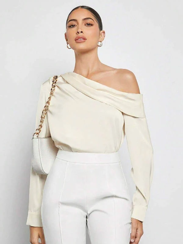Long Sleeves Skinny Pleated Solid Color Split-Joint One-Shoulder Blouses&Shirts Tops - Image 6