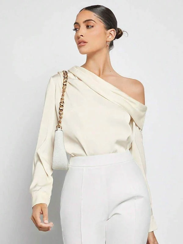 Long Sleeves Skinny Pleated Solid Color Split-Joint One-Shoulder Blouses&Shirts Tops - Image 7
