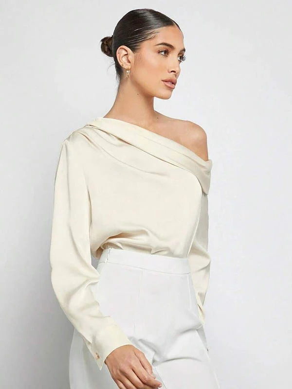 Long Sleeves Skinny Pleated Solid Color Split-Joint One-Shoulder Blouses&Shirts Tops - Image 8