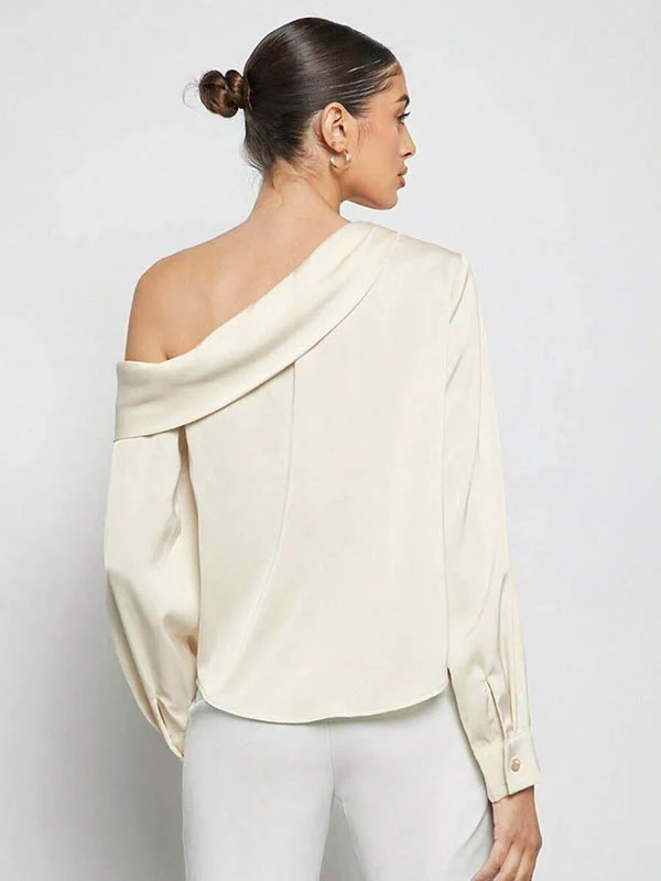Long Sleeves Skinny Pleated Solid Color Split-Joint One-Shoulder Blouses&Shirts Tops - Image 9