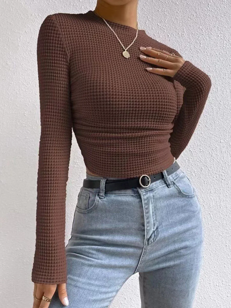 Long Sleeves Skinny Pleated Solid Color Split-Joint Textured Waffle Check Round-Neck T-Shirts Tops - Image 10