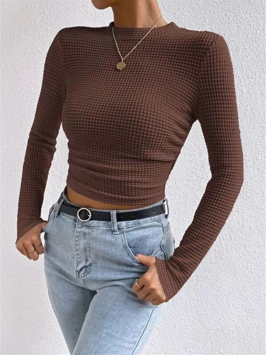 Long Sleeves Skinny Pleated Solid Color Split-Joint Textured Waffle Check Round-Neck T-Shirts Tops - Image 11