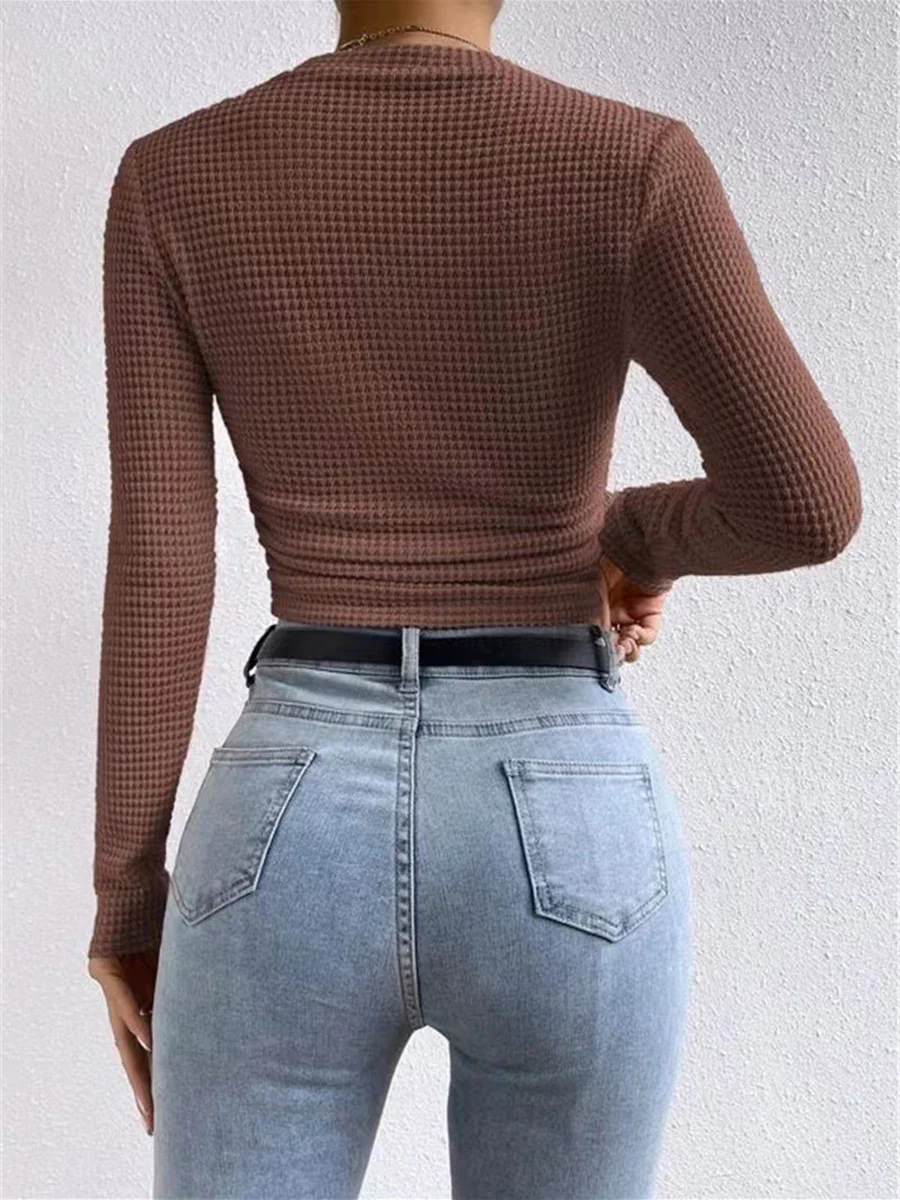 Long Sleeves Skinny Pleated Solid Color Split-Joint Textured Waffle Check Round-Neck T-Shirts Tops - Image 12