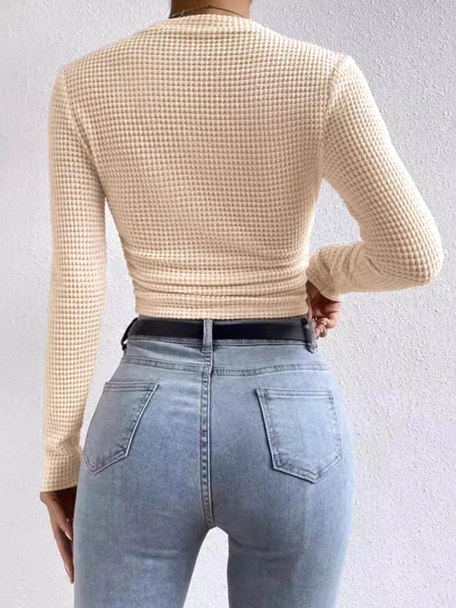 Long Sleeves Skinny Pleated Solid Color Split-Joint Textured Waffle Check Round-Neck T-Shirts Tops - Image 2