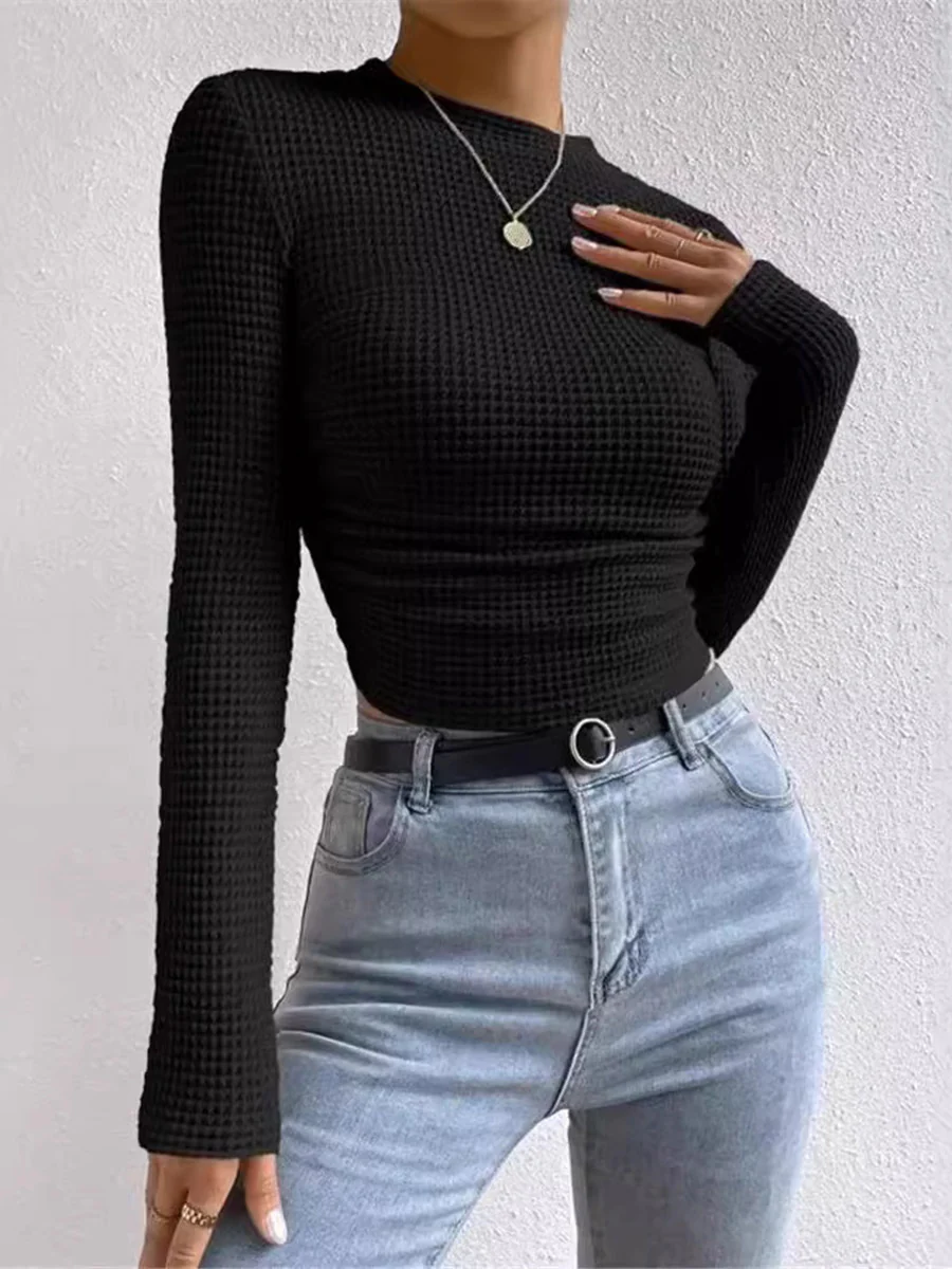 Long Sleeves Skinny Pleated Solid Color Split-Joint Textured Waffle Check Round-Neck T-Shirts Tops - Image 6