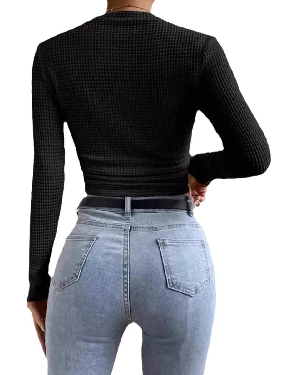 Long Sleeves Skinny Pleated Solid Color Split-Joint Textured Waffle Check Round-Neck T-Shirts Tops - Image 7