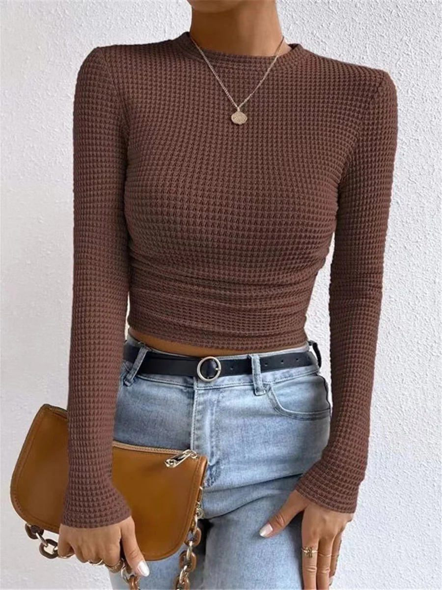 Long Sleeves Skinny Pleated Solid Color Split-Joint Textured Waffle Check Round-Neck T-Shirts Tops - Image 8
