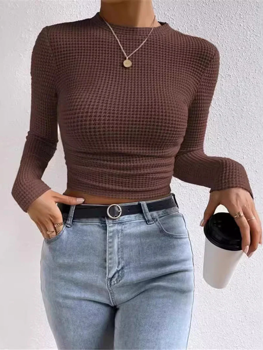 Long Sleeves Skinny Pleated Solid Color Split-Joint Textured Waffle Check Round-Neck T-Shirts Tops - Image 9