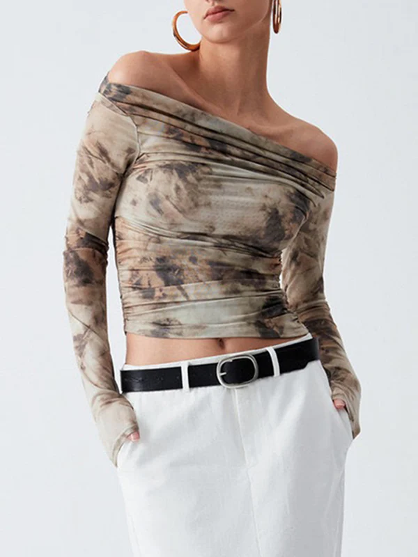 Long Sleeves Skinny Pleated Split-Joint Tie Dye Off-The-Shoulder T-Shirts Tops - Image 2