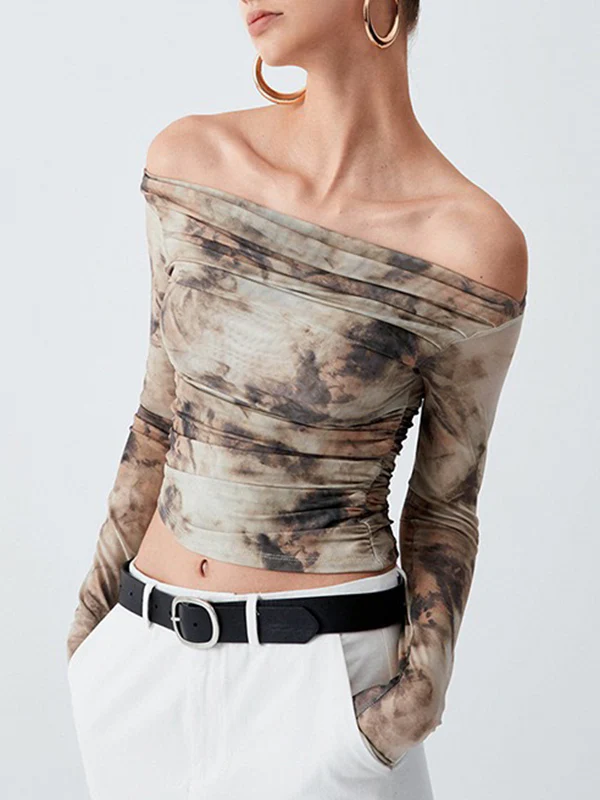 Long Sleeves Skinny Pleated Split-Joint Tie Dye Off-The-Shoulder T-Shirts Tops - Image 3