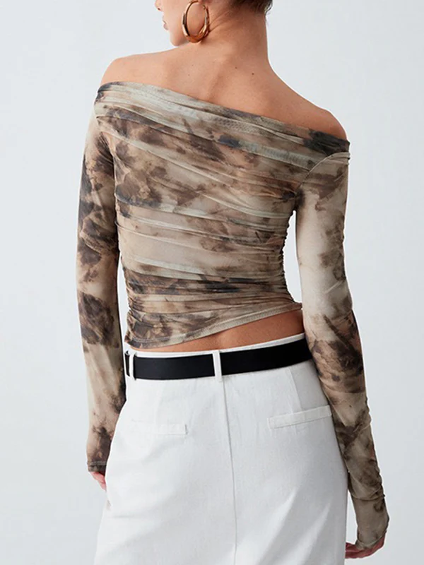 Long Sleeves Skinny Pleated Split-Joint Tie Dye Off-The-Shoulder T-Shirts Tops - Image 5