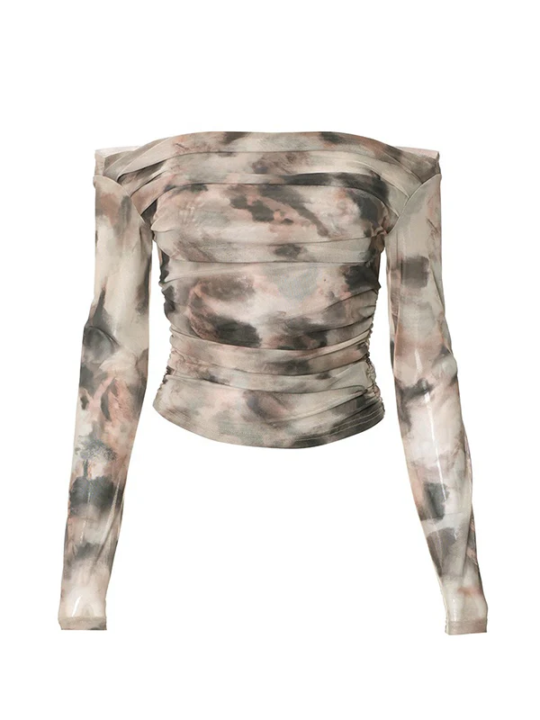 Long Sleeves Skinny Pleated Split-Joint Tie Dye Off-The-Shoulder T-Shirts Tops - Image 6