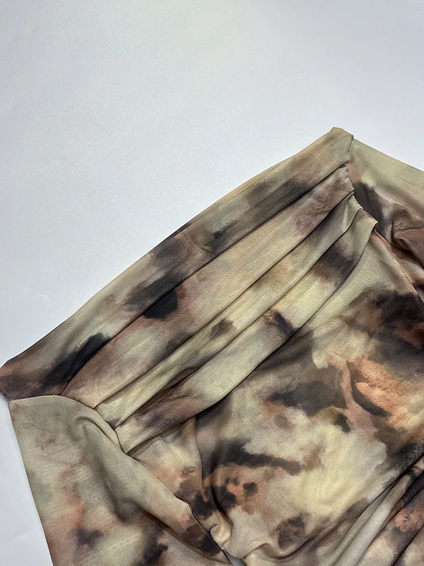 Long Sleeves Skinny Pleated Split-Joint Tie Dye Off-The-Shoulder T-Shirts Tops - Image 7
