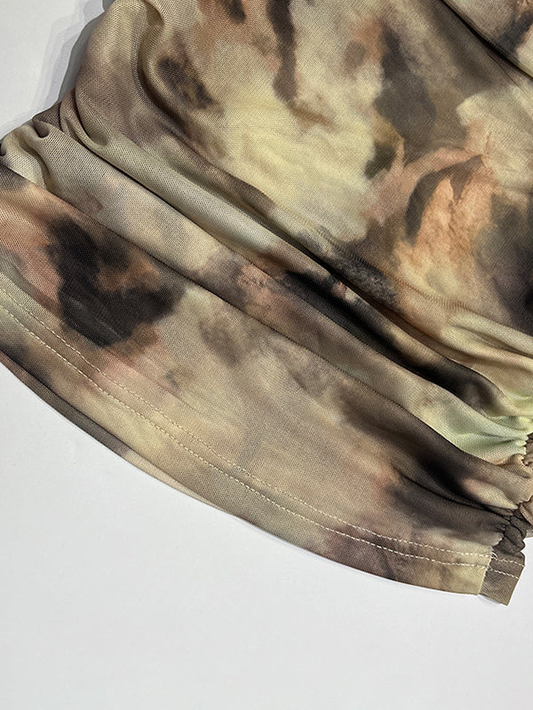 Long Sleeves Skinny Pleated Split-Joint Tie Dye Off-The-Shoulder T-Shirts Tops - Image 8