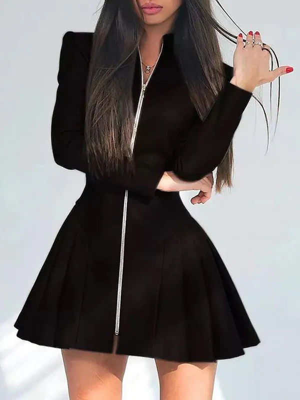Long Sleeves Skinny Pleated Split-Joint Zipper Stand Collar Mini Dresses - Image 2