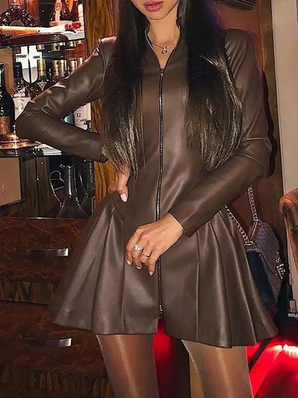 Long Sleeves Skinny Pleated Split-Joint Zipper Stand Collar Mini Dresses - Image 3