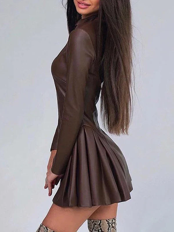 Long Sleeves Skinny Pleated Split-Joint Zipper Stand Collar Mini Dresses - Image 5