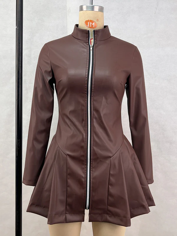 Long Sleeves Skinny Pleated Split-Joint Zipper Stand Collar Mini Dresses - Image 6