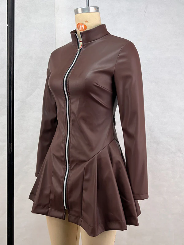 Long Sleeves Skinny Pleated Split-Joint Zipper Stand Collar Mini Dresses - Image 7