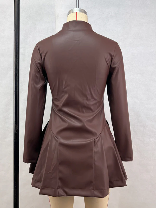 Long Sleeves Skinny Pleated Split-Joint Zipper Stand Collar Mini Dresses - Image 8