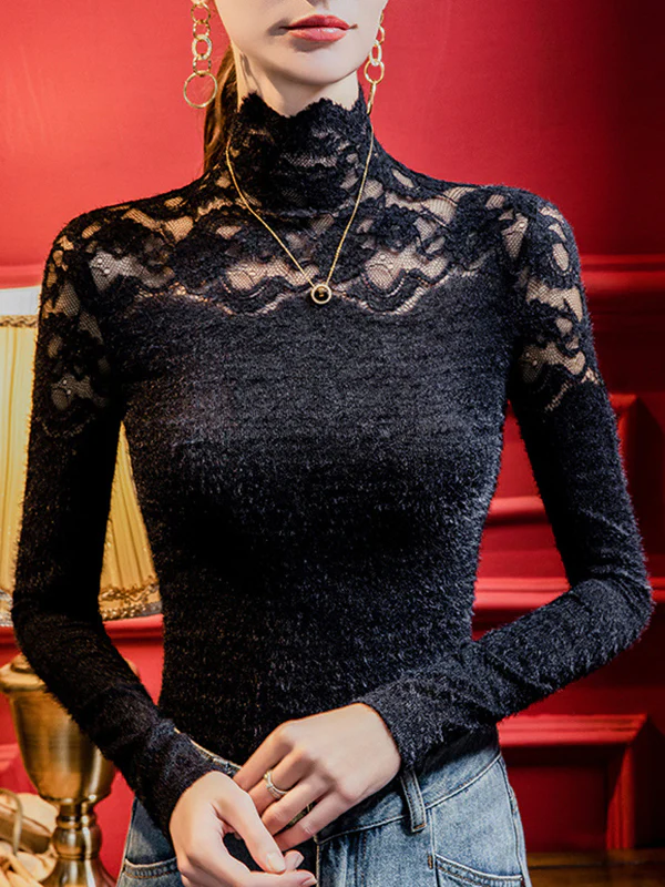 Long Sleeves Skinny Plus Size Solid Color Split-Joint High Neck T-Shirts Tops