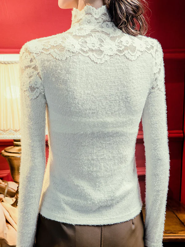 Long Sleeves Skinny Plus Size Solid Color Split-Joint High Neck T-Shirts Tops - Image 4
