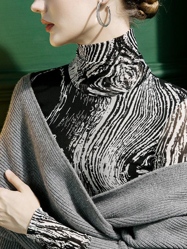 Long Sleeves Skinny Printed High-Neck T-Shirts - Image 2