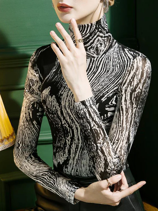 Long Sleeves Skinny Printed High-Neck T-Shirts - Image 3