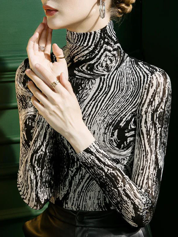 Long Sleeves Skinny Printed High-Neck T-Shirts - Image 4