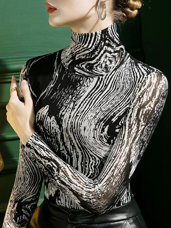 Long Sleeves Skinny Printed High-Neck T-Shirts - Image 5