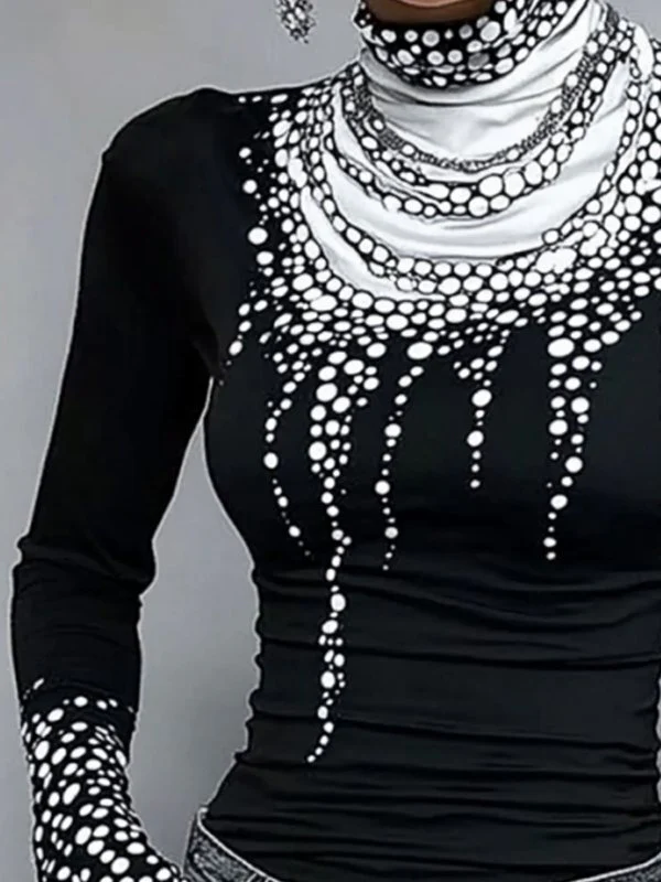 Long Sleeves Skinny Printed High-Neck T-Shirts Tops - Image 2