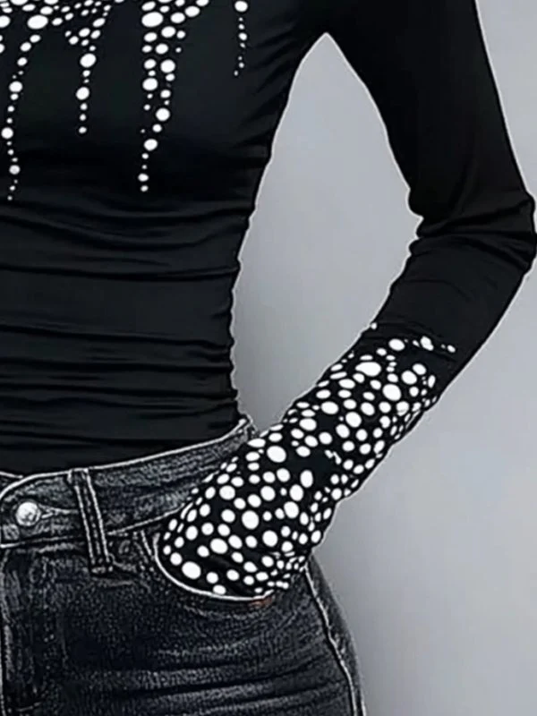 Long Sleeves Skinny Printed High-Neck T-Shirts Tops - Image 3