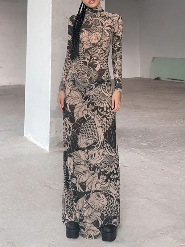 Long Sleeves Skinny Printed See-Through Split-Joint High Neck Evening Dresses Maxi Dresses - Image 2