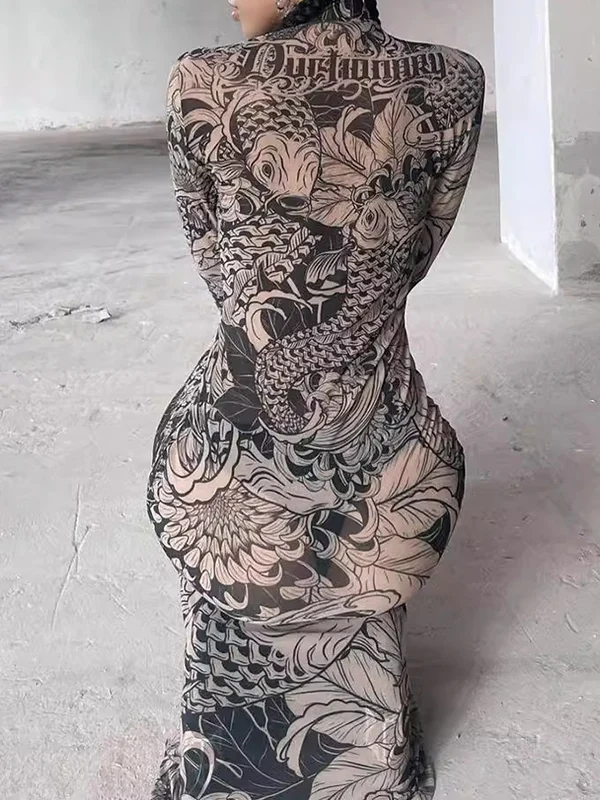 Long Sleeves Skinny Printed See-Through Split-Joint High Neck Evening Dresses Maxi Dresses - Image 4