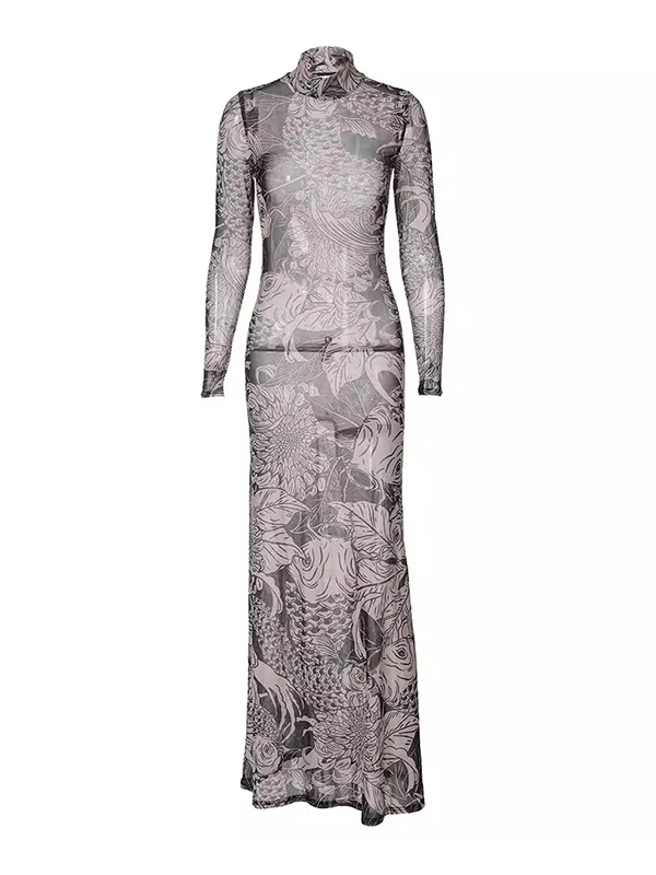 Long Sleeves Skinny Printed See-Through Split-Joint High Neck Evening Dresses Maxi Dresses - Image 5
