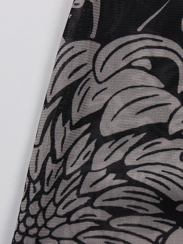 Long Sleeves Skinny Printed See-Through Split-Joint High Neck Evening Dresses Maxi Dresses - Image 9