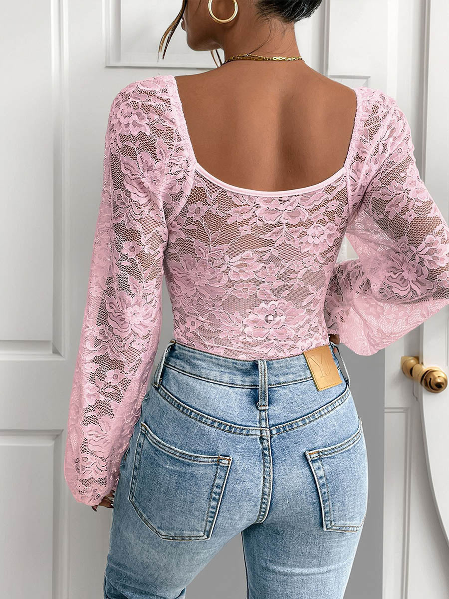 Long Sleeves Skinny See-Through Solid Color Deep V-Neck Bodysuits - Image 9