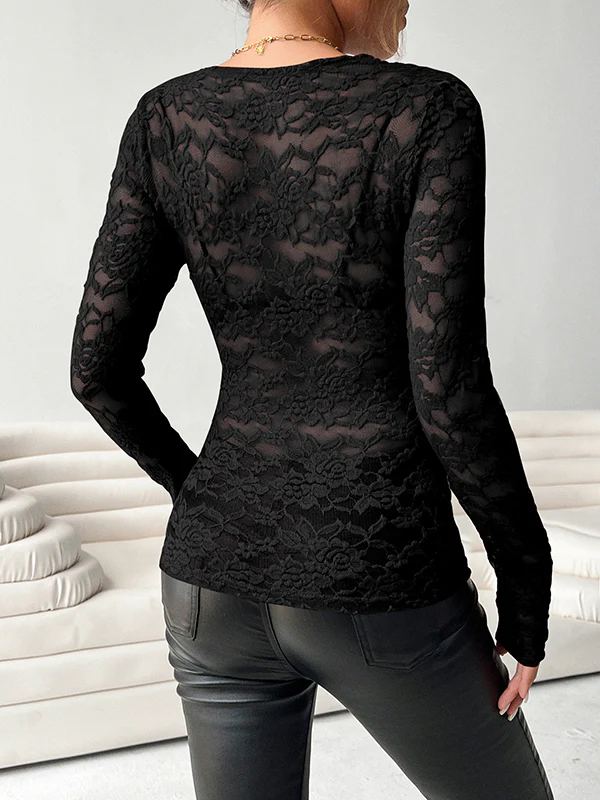 Long Sleeves Skinny See-Through Solid Color Deep V-Neck T-Shirts - Image 10