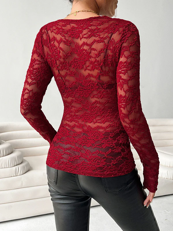 Long Sleeves Skinny See-Through Solid Color Deep V-Neck T-Shirts - Image 14