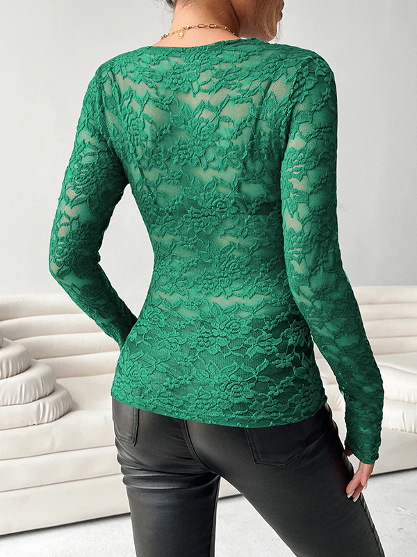 Long Sleeves Skinny See-Through Solid Color Deep V-Neck T-Shirts - Image 16
