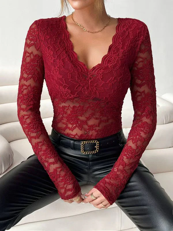 Long Sleeves Skinny See-Through Solid Color Deep V-Neck T-Shirts - Image 3