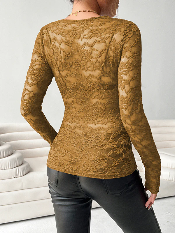 Long Sleeves Skinny See-Through Solid Color Deep V-Neck T-Shirts - Image 7