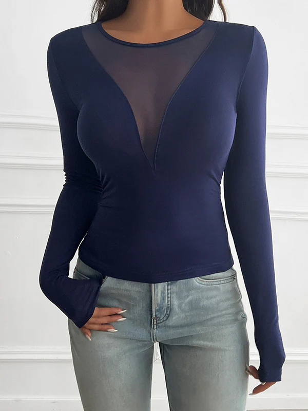 Long Sleeves Skinny See-Through Solid Color Deep V-Neck T-Shirts Tops - Image 2