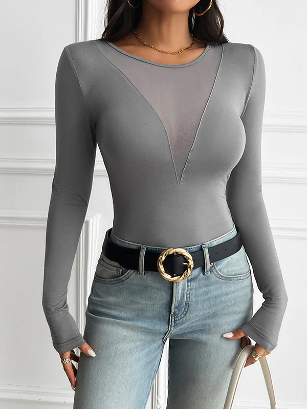 Long Sleeves Skinny See-Through Solid Color Deep V-Neck T-Shirts Tops - Image 8