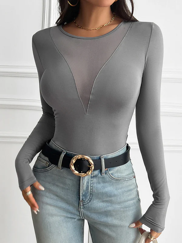 Long Sleeves Skinny See-Through Solid Color Deep V-Neck T-Shirts Tops - Image 9