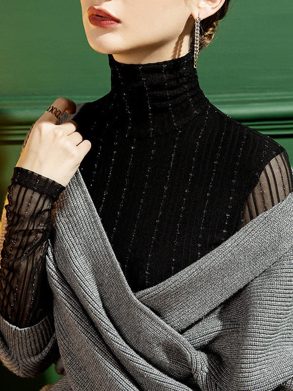 Long Sleeves Skinny See-Through Solid Color High-Neck T-Shirts Tops - Image 4